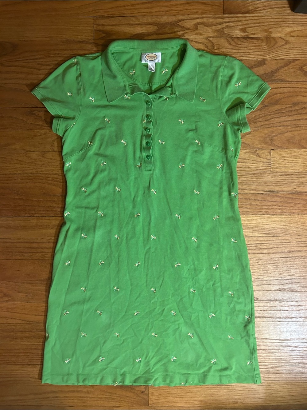 Vintage Talbots Green Polo Shirt Dress with Embroidered Dragonflies Size M